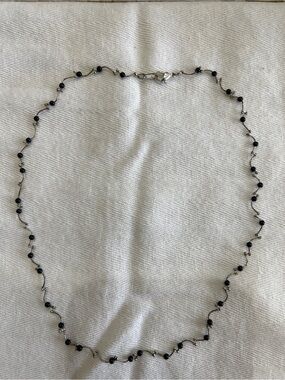 Silver Tone Wavy Bar & Black Bead Station Necklace | Zig Zag Link 15"
